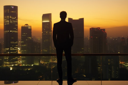 Silhouette of a businessman looking at the cityscape at sunset with Generative AI.の素材