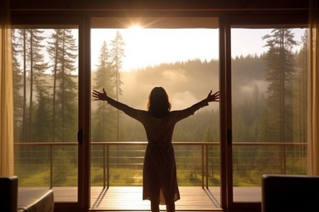 Silhouette of a young woman standing by the window in the morning with Generative AI.の素材
