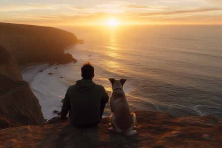 Man sitting on the cliff and watching sunset over the ocean with his dog with Generative AI.の素材