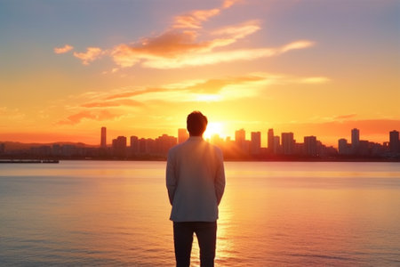 Man looking at sunset over the sea. Sunset over the city with Generative AI.の素材