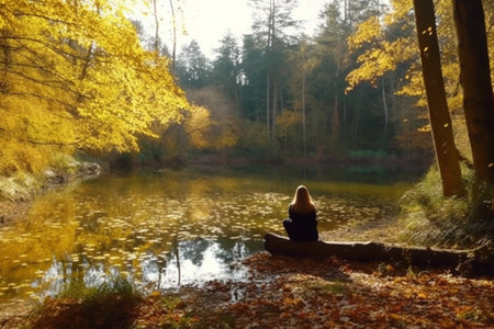 A young woman sitting on a boat in a lake in the autumn forest with Generative AI.の素材