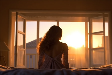Young woman sitting on the bed in the morning. Rear view with Generative AI.の素材