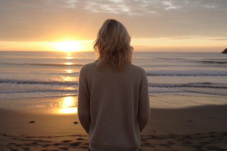 Back view of a woman standing on the beach looking at the sunset with Generative AI.の素材