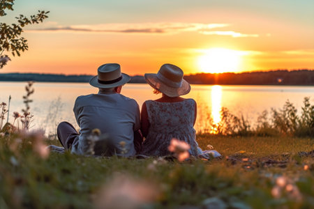 Senior Couple sitting on the bank of the lake and watching the sunset with Generative AI.の素材