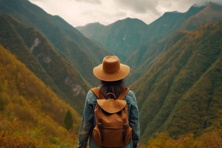 Back view of young woman traveler with backpack and hat looking at beautiful mountains with Generative AI.の素材