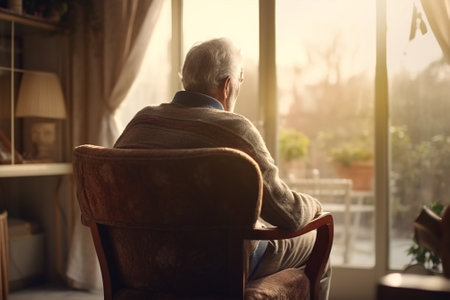 Senior man sitting in armchair and looking out the window at home with Generative AI.の素材