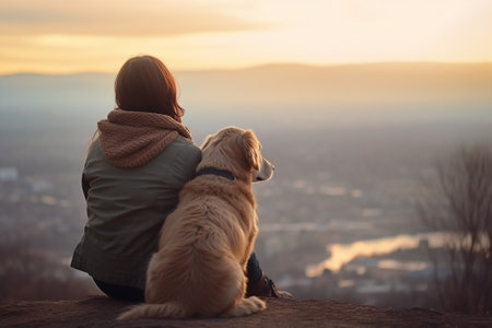 Young woman with golden retriever dog sitting on top of the mountain at sunset with Generative AI.の素材