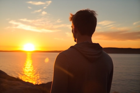 Back view of a young man looking at the sunset over the sea with Generative AI.の素材