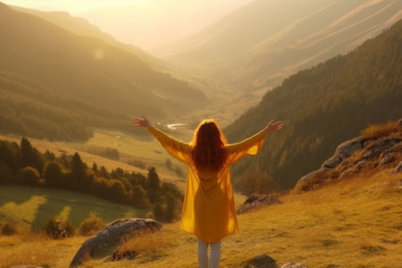 Young woman in a yellow dress standing on the top of a mountain in the rays of the rising sun with Generative AI.の素材
