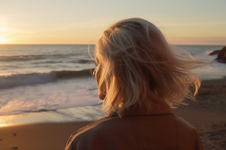 Portrait of a woman with blond hair on the beach at sunset with Generative AI.の素材