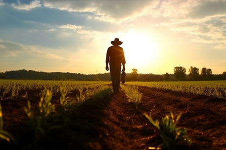 Silhouette of farmer walking on the field at sunset time with Generative AI.の素材