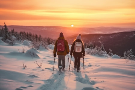 Couple hiking in winter mountains at sunset. Man and woman with backpacks with Generative AI.の素材