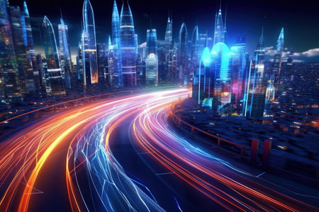 Fast moving cars in the city at night. 3d rendering with AI-Generated Images.の素材