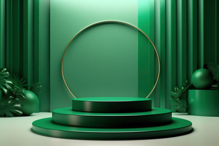 3d rendering, abstract minimal geometric forms. Glossy green luxury podium background for your design with AI-Generated Images.