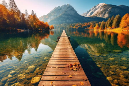 Wooden pier on the lake. Beautiful autumn landscape in the mountains with AI-Generated Images.の素材
