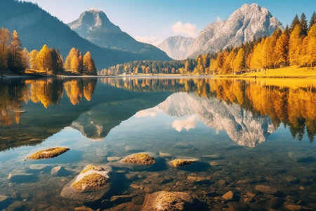 Autumn alpine landscape with mountain lake and reflection in water with AI-Generated Images.の素材