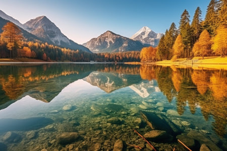 Autumn alpine landscape with lake and mountains reflected in water with AI-Generated Images.の素材