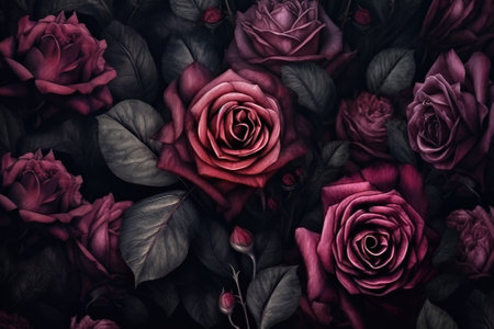 Beautiful pink roses background. Top view, flat lay, copy space with AI-Generated Images.の素材