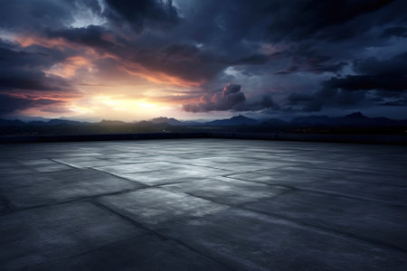 Empty square floor with dramatic sky and mountain background, Perspective view with AI-Generated Images.の素材