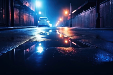 Raindrops on the asphalt in the city at night. Shallow depth of field with AI-Generated Images.の素材