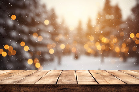 Wooden table against christmas background with snowflakes falling down with AI-Generated Images.の素材