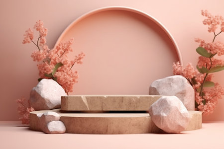 Minimal scene with marble podium and pink flowers, 3d render with AI-Generated Images.の素材