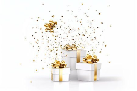 White gift boxes with gold bows and confetti isolated on white background with AI-Generated Images.の素材