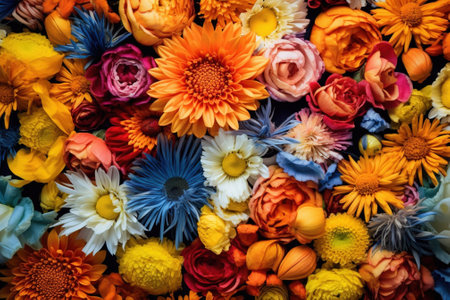 Colorful flower bouquet background, top view, copy space with AI-Generated Images.の素材