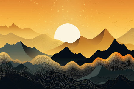 Mountains and sun. Landscape with mountains and sun. Vector illustration with AI-Generated Images.の素材