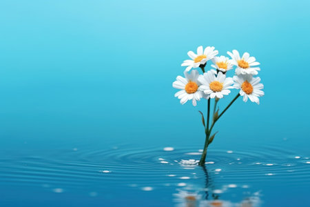 White daisies on a blue background with water drops and ripples with AI-Generated Images.の素材