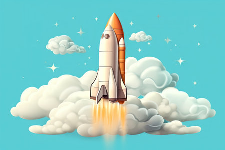 Space rocket flying in the sky. 3D illustration. Cartoon style with AI-Generated Images.の素材