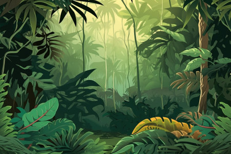 Tropical jungle forest background. Vector illustration of jungle forest background with AI-Generated Images.の素材