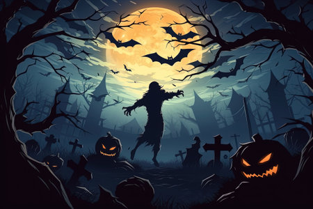 Halloween background with spooky cemetery and scarecrow, vector illustration with AI-Generated Images.の素材
