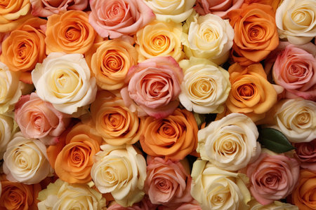 Wedding bouquet of colorful roses as background, top view with AI-Generated Imagesの素材