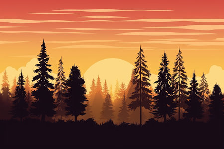 Forest landscape with coniferous trees at sunset. Vector illustration with AI-Generated Imagesの素材