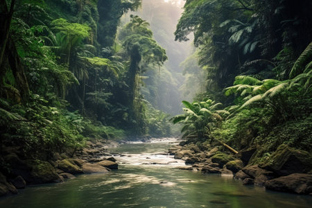 Tropical rainforest with river flowing through lush green forest with AI-Generated Imagesの素材