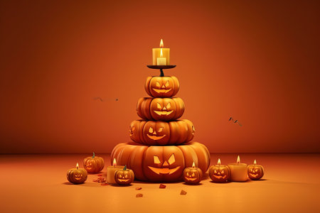 Halloween Jack O Lanterns with Candles. 3D Render with AI-Generated Imagesの素材
