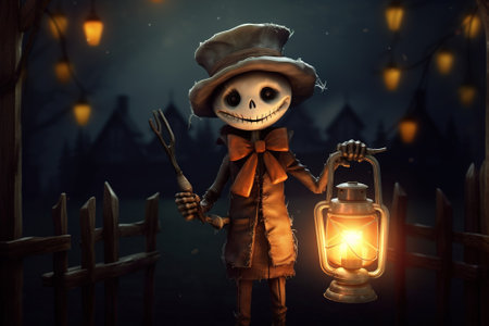 Halloween background. Scarecrow with lantern and candlestick with AI-Generated Imagesの素材