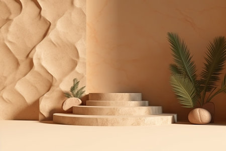 3d render of beige podium with palm leaves and stone stairs with AI-Generated Imagesの素材