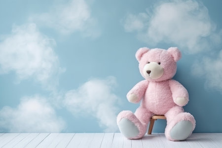 Pink teddy bear sitting on wooden chair with blue sky background with AI-Generated Imagesの素材