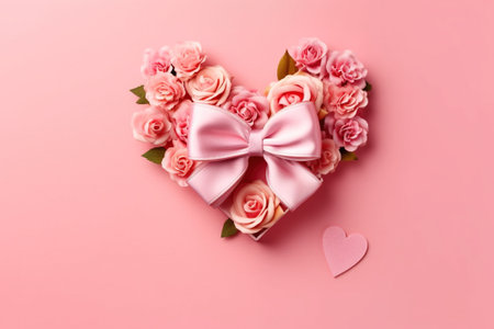 Valentine's Day background with pink roses and heart on pink background with AI-Generated Imagesの素材