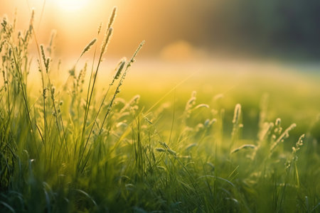 Grass in the meadow at sunrise. Shallow depth of field with AI-Generated Imagesの素材