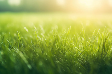 Close up of fresh green grass with sunlight and bokeh effect with AI-Generated Imagesの素材