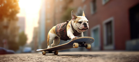 French bulldog riding a skateboard on a city street. 3d rendering with AI-Generated Imagesの素材