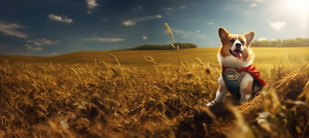 Welsh Corgi Pembroke dog sitting in a wheat field with AI-Generated Imagesの素材