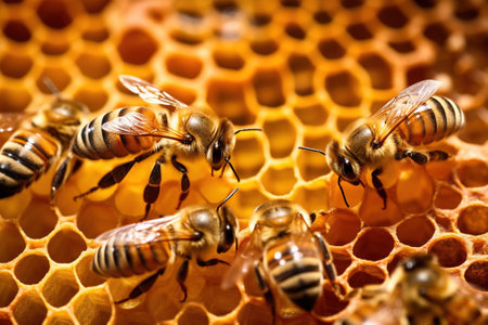 close up view of the working bees on honeycells - selective focus with AI-Generated Imagesの素材