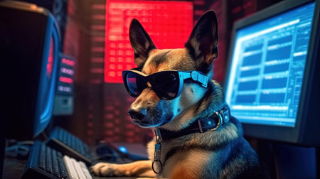 German shepherd dog in sunglasses on the background of a computer monitor with AI-Generated Imagesの素材