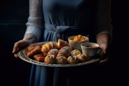 Woman holding tray with fresh pastries on dark background, closeup with AI-Generated Imagesの素材