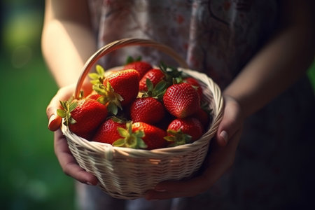 Young woman holding basket with fresh ripe strawberries. Healthy food concept with AI-Generated Imagesの素材