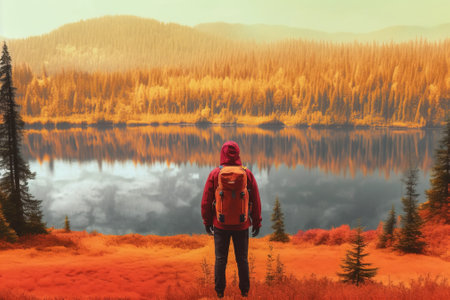 Hiker with a backpack on the background of a mountain lake with AI-Generated Imagesの素材